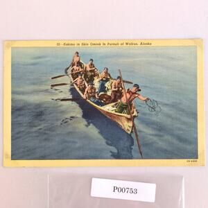 Eskimo in Skin Omiak in Pursuit of Walrus Alaska 1930s Linen Postcard Inuit